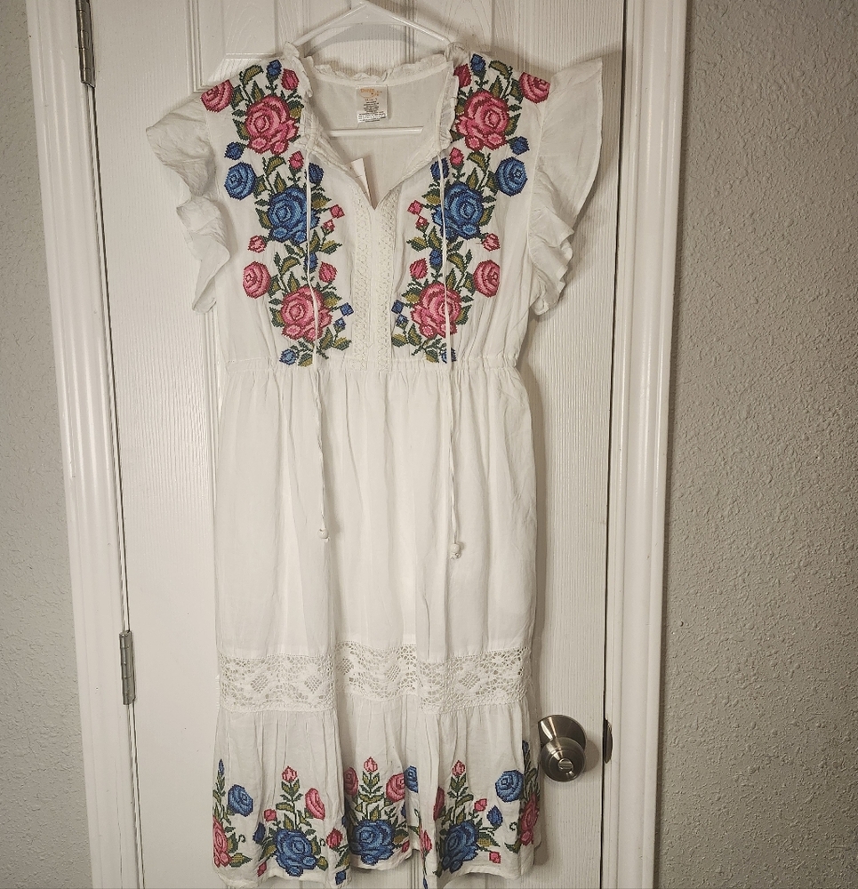Mexican White Floral Embroidered Mini Dress